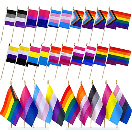 LyButty Progress Rainbow Gay Pride Flags Set on Wood Stick Small Mini Hand Held LGBTQ Inlcusive Flags,5x8 Inch,20 Pack