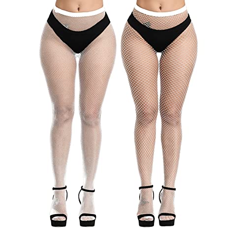 EVERSWE High Waist Fishnet Tights Thigh High Stockings Suspender Pantyhose - Small-Medium - White(small Gride+mini)