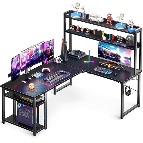 ODK 59 Inch L Shaped Gaming Desk with Hutch, Computer Desk with Storage Shelves, L Shaped Desk for Home Office, Corner Desk with Headphone Hook, Black - Black - 59 Inch
