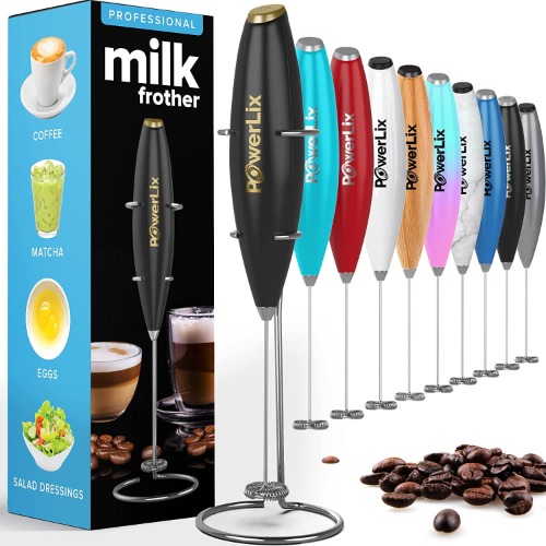 PowerLix Milchaufschäumer Stab,Milchschäumer Elektrisch - mit Edelstahlständer 15-20s,19000 rpm Batteriebetriebener Milk Frother für Kaffee,Latte,Cappuccino,Heiß & Kalte Schokolade,Königliches Schwarz - Königliches Schwarz