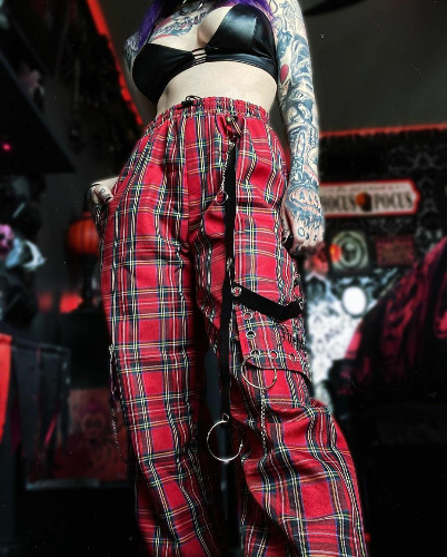 'Break Stuff' Red Grunge Plaid Cargo Pants - Red / L