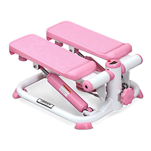 Sunny Health & Fitness Mini Steppers for Exercise at Home, Stair Step Workout Machine with Resistance Bands, Full Body Cardio Equipment, Optional Smart Stepper with SunnyFit App Connection - Pink
