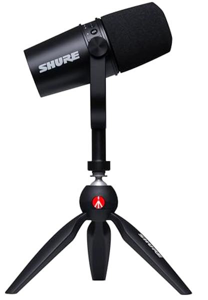 Shure MV7 USB Microphone with Tripod, for Podcasting, Recording, Streaming & Gaming, Built-in Headphone Output, All Metal USB/XLR Dynamic Mic, Voice-Isolating Technology, TeamSpeak Certified - Black