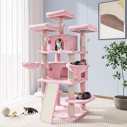 Allewie 68 Inches Multi-Level Large Cat Tree/Cat Tower for Indoor Cat/Tall Cat Climbing Tree with Cat Condo/Cozy Plush Cat Perches/Sisal Scratching Post/Wide Base Board/Hammocks/Cave/Pink - Pink