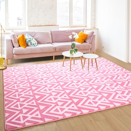 Unirea Geometric Shag Area Rugs for Bedroom, Pink 6x9 Feet Machine Washable Large Rugs for Living Room, Memory Foam Fluffy Carpet for Girls Kids Dorm Nursery Playroom Home Decor Floor Mat - 6x9 Feet - Pink/White