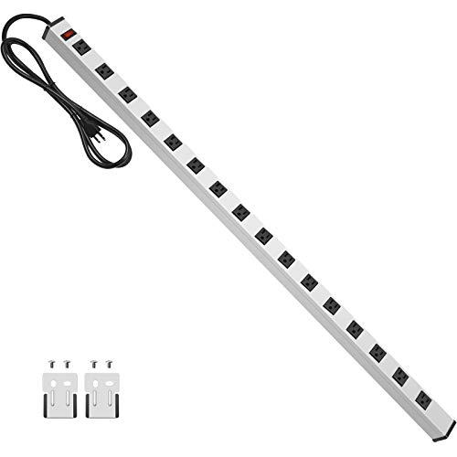 JUNNUJ Long Metal 16 Outlet Power Strip, Wide Spaced Garage Industrial Heavy Duty Power Strip with 6 FT Cord 15A, 125V, 1875W-Silver - 6FT - Silver