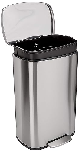 Amazon Basics Smudge Resistant Rectangular Trash Can With Soft-Close Foot Pedal, Brushed Stainless Steel, 50 Liter/13.2 Gallon, Satin Nickel Finish, 16.7"L x 14.7"W x 25.9"H - Satin Nickel - 13 gallon