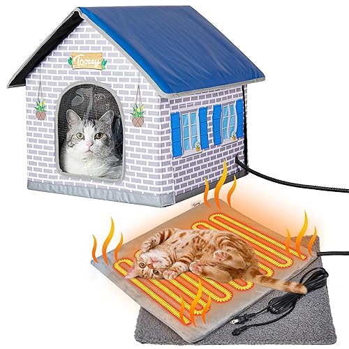 Toozey Heated Cat House for Winter, Indoor/Outdoor Weatherproof Cat House with Heated Pet Pad, Providing Safe Feral Outdoor Cat House for Cats or Small Dogs, Easy to Assemble Cat Shelter - Medium (16.2"x18.1"x17.7") Grey Roof