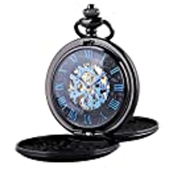ManChDa Retro Mens Black Blue Double Open Skeleton Mechanical Roman Numerals Pocket Watch with Chain Gift