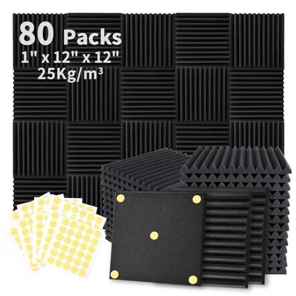 Focusound 80 Pack Acoustic Foam Panels 1" x 12" x 12" Sound Proof Foam Panles Soundproofing Noise Cancelling Wedge Panels for Home Office Recoding Studio with 420PCS Double-Side Adhesive