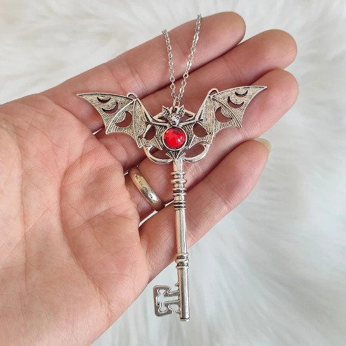 Gothic Moon Phase Bat Key Pendant Necklace - as picture 1