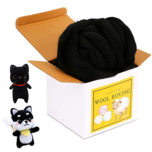 Wool Roving Bulk - 8.82oz Super Wool Chunky Yarn, Wool Roving Top for Needle Felting, Soft Felting Wool Supplies for Hand Spinning, Felting, Blending, Weaving and DIY Craft - black