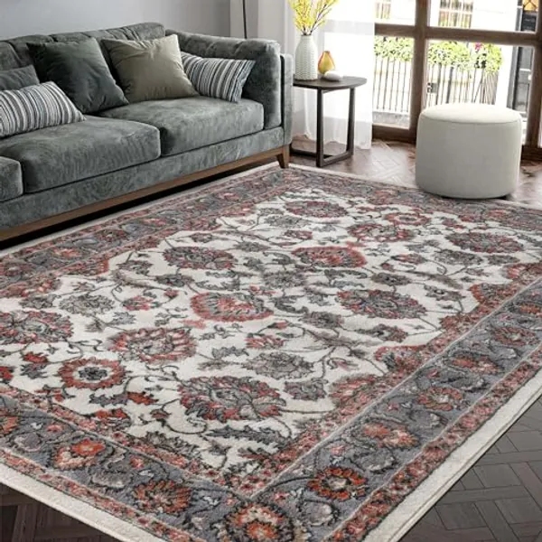 Superior Indoor Area Rug, with Jute Backing, Chic Bordered Floor Decor for Living Room, Bedroom, Office, Entryway, Kitchen, Dining, Floral Design, Lille Collection, 4' x 6', Brown-Salmon