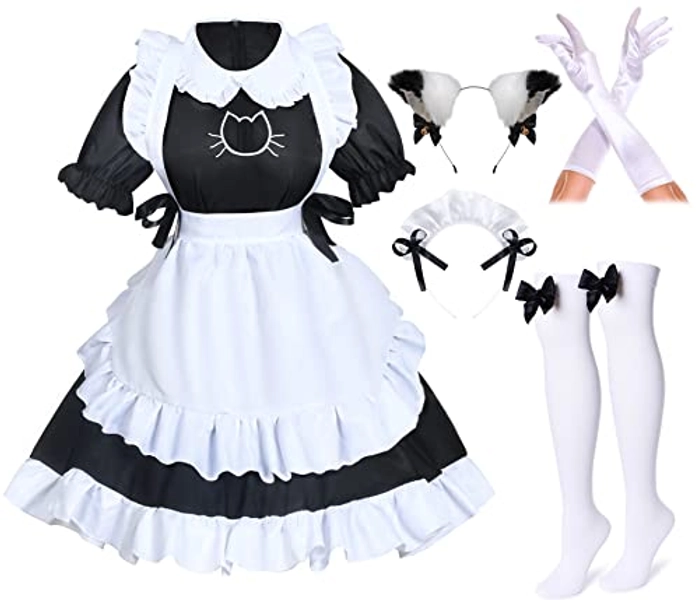 Anime French Cat Maid Apron Fancy Dress Cosplay Costume Headwear Gloves Socks Set(Plus Size Black 5XL)