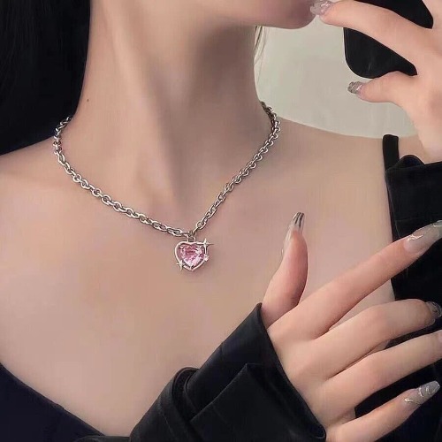 Chic Pink Rhinestone Heart Pendant Cable Chain Necklace | Default Title