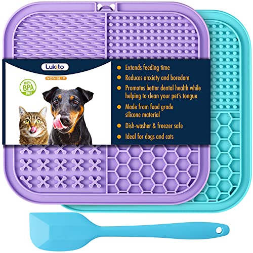 LUKITO Lick Mat for Dogs & Cats 2 Pack with Suction Cups, Dog Lick Mat for Anxiety Relief, Dog Toys to Keep Them Busy, Peanut Butter Licking Pad for Boredom Reducer, Perfect for Bathing Grooming - Large-Blue&Purple+1 Spatula