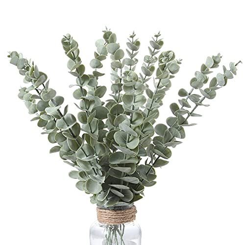 Momkids 12pack Eucayptus Stems Real Touch Leaf Fake Greenery Decor Plastic Artifical Plants Faux Eucalyptus Leaves Wedding Bouquet Dining Table Centerpiece Home Decor (Green) - Green - 12Bunches
