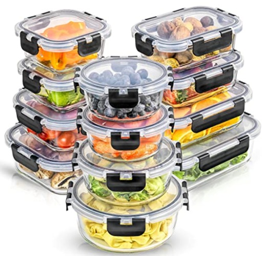 JoyJolt JoyFul 24pc(12 Airtight, Freezer Safe Food Storage Containers and 12 Lids), Pantry Kitchen Storage Containers, Glass Meal Prep Container for Lunch, Glass Storage Containers with Lids - Color Black