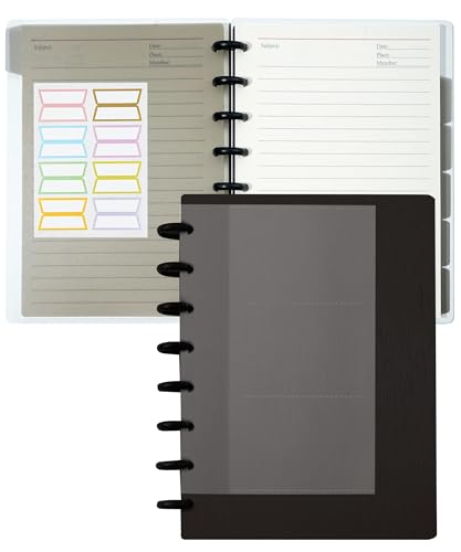 Discbound Notebook Customizable Spiral Journal Refillable 5 Subject Notebook with Removable Pages 120 Wide Ruled Disc Planner with 6 Binder Dividers & 16 Tabs for Work Meeting School, Black - 1 Black - Medium