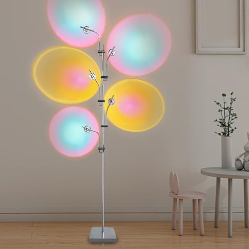 38°GARDEN Unique Sunset Floor Lamp Color Changing Halo Projector Floor Lamps LED Industrial Standing Lamp Warm Light Spot Replaceable 10 Colorful Filter Mood Ambient Lighting for Living Room Bedroom - Silver