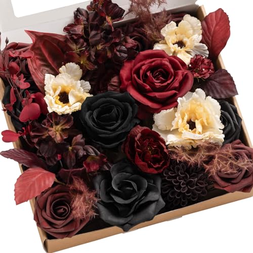 Ling's Moment Moody Burgundy & Black Artificial Flowers and Greenery Grand Combo Box Set, Goth Fake Flower for DIY Wedding Bridal Bouquet, Centerpieces Decor, Floral Arrangement Decor, etc. - Burgundy & Black - Grand