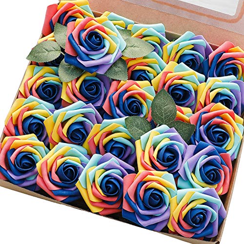Floroom Artificial Flowers 25pcs Real Looking Whimsical Blue Foam Fake Roses with Stems for DIY Wedding Bouquets Baby Shower Centerpieces Floral Arrangements Party Tables Home Decorations - Whimsical Blue - 25pcs Regular 3"