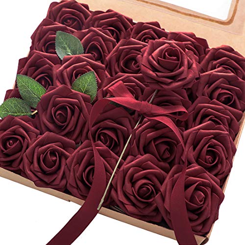 Floroom Artificial Flowers 50pcs Real Looking Burgundy Foam Fake Roses with Stems for DIY Wedding Bouquets Red Bridal Shower Centerpieces Floral Arrangements Party Tables Home Decorations - Burgundy - 50pcs Regular 3"