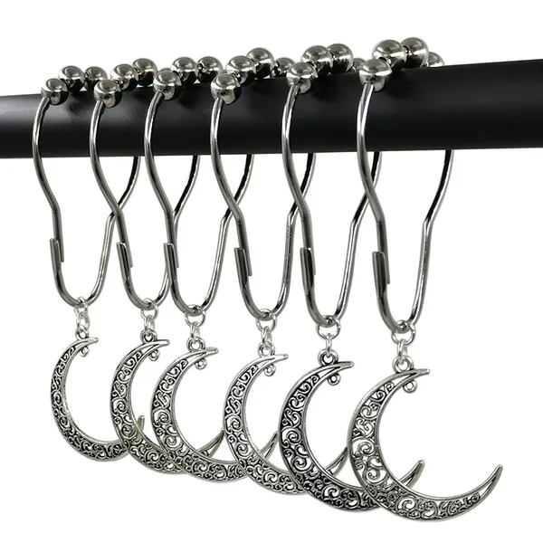 Chenzt Shower Curtain Rings Hooks Decorative Home Bathroom Stainless Steel Rustproof Shower Curtain Hook Ring Set Polished Chrome with Antique Silver Hollow Filigree Moon Decorative Pendants 12Pcs - Moon Pendant