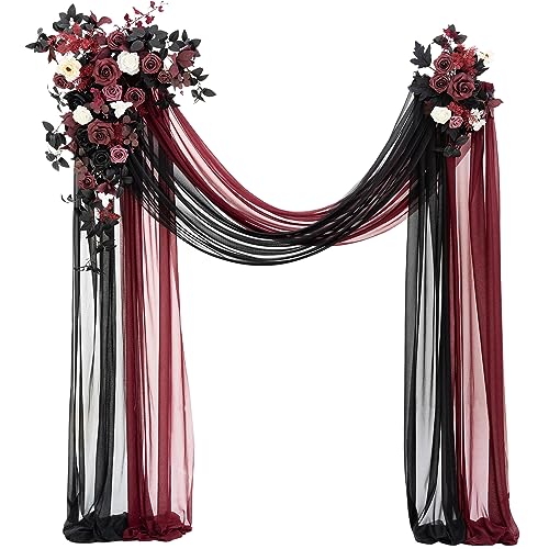 Ling's Moment Black Red Artificial Wedding Arch Flowers Kit Pack of 4, 2pcs Hanging Flower Arrangement 2pcs Chiffon Drapes Ceremony Reception Fake Rose Arbor Backdrop Floral Party Outdoor Decorations - Black & Burgundy