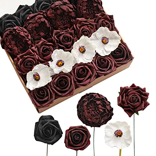 Ling's Moment Artificial Flowers Fake Roses Silk Poppy Faux Foam Peony Combo for DIY Wedding Bouquets Centerpieces Arrangements Bridal Shower Party Home Decorations, Dark Red & Black & White, 23pcs - Dark Red & Black & White