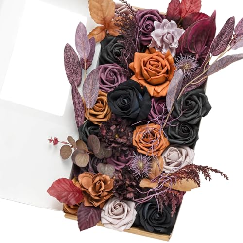 Ling's Moment Halloween Purple Artificial Flowers and Greenery Deluxe Combo Box Set, Black Fake Flower for DIY Wedding Bridal Bouquet, Centerpieces Decor, Floral Arrangement Decor, etc. - Black & Orange & Purple - Deluxe