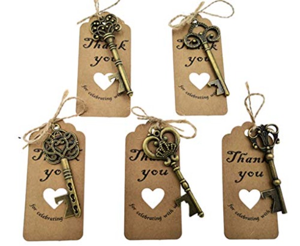 50pcs Skeleton Key Bottle Opener Wedding Party Favor Souvenir Gift with Escort Tag and Jute Rope(Bronze Tone,5 styles) - Bronze Tone