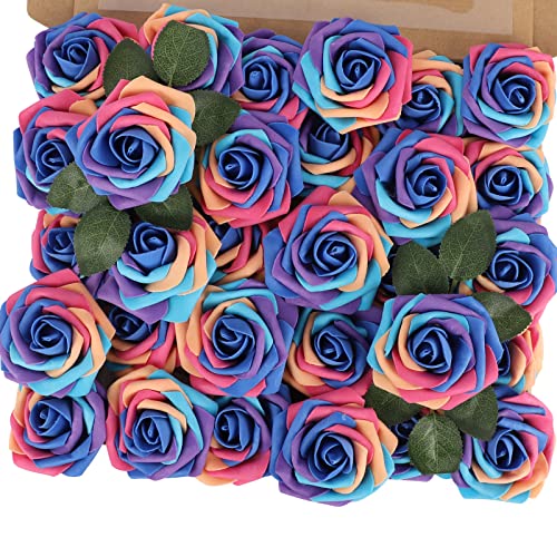 MACTING Artificial Flowers Rose, 30pcs Real Touch Fake Foam Rainbow Rose with Stems for DIY Wedding Bridal Bouquets Party Baby Shower Home Decoration - Mix Color 5-1 - 30PCS