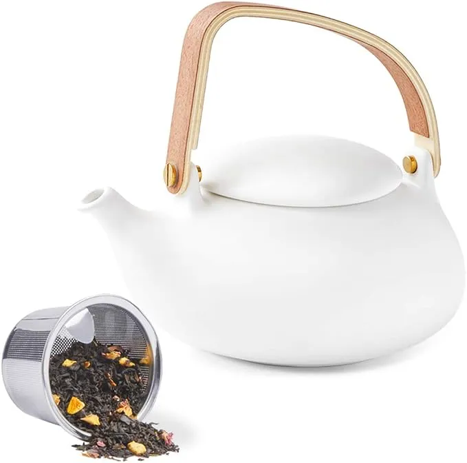 ZENS Teapot with Infuser | Matte Ceramic Japanese Tea Pot for Loose Leaf Tea, 27 Ounces Porcelain Teapots White | Modern Bentwood Handle, 800ml
