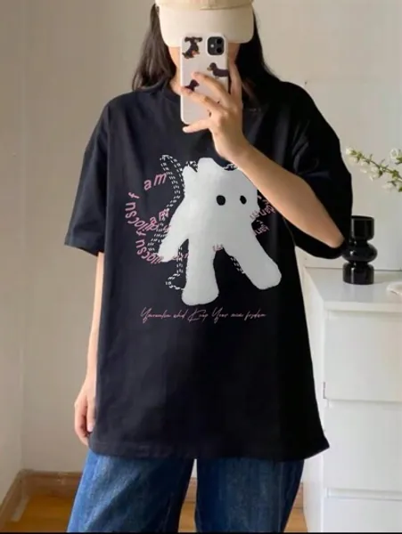 SHEIN Coolane Summer Cat & Letter Printed Round Neck T-Shirt