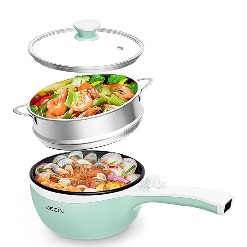 Dezin Hot Pot Electric with Steamer Upgraded, Non-Stick Sauté Pan, Rapid Noodles Electric Pot, 1.5L Mini Pot for Steak, Egg, Fried Rice, Ramen, Oatmeal, Soup with Power Adjustment (Egg Rack Included) - F(Green/with Steamer)