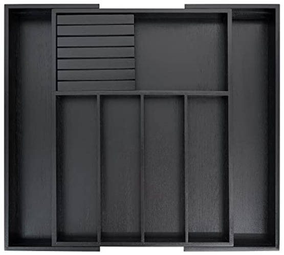 VaeFae Bamboo Silverware Drawer Organizer Kitchen, Expandable Utensil Holder and Cutlery Tray with Divider | 13"-21.6" Flatware Storage and Removable Knife Block (Black) - Black