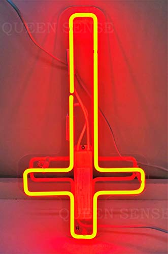 Queen Sense 14" Red Upside Jesus Cross Neon Sign Light Decorated Acrylic Panel Handmade Beer Bar Pub Man Cave Lamp UT154
