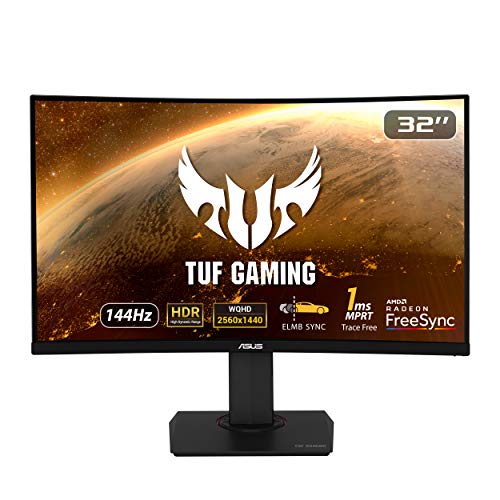 ASUS TUF Gaming 32" 1440P HDR Curved Monitor (VG32VQ) - QHD (2560 x 1440), 144Hz, 1ms, Extreme Low Motion Blur, Speaker, Adaptive-Sync, FreeSync Premium, VESA Mountable, DisplayPort, HDMI - 32" Curved QHD 1ms 144Hz Height Adjustable - Monitor