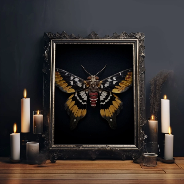 Framed Death Head Moth Canvas Print, Acherontia, Taxidermy Art, Dried Butterfly Print, Bug Wall Art Hanging Decor, Goth Art, Halloween Art
