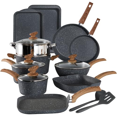 Kitchen Academy Induction Cookware Set-17 Piece Non-stick Cooking Pan Set, Black Granite Pots and Pans Set - 17 PCS Cookware Set - Black