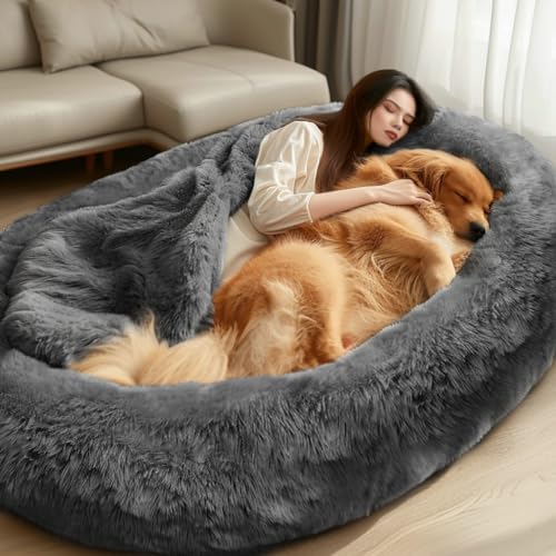 Human Dog Bed, Dog Bed for Humans, Giant Dog Bed with Washable Fluffy Faux Fur Cover, 72"x48"x11" Human Size Dog Bed with Soft Blanket, Large Dog Bean Bag Bed for Families, Dark Grey - 72.0"L x 48.0"W x 11.0"Th - Dark Grey