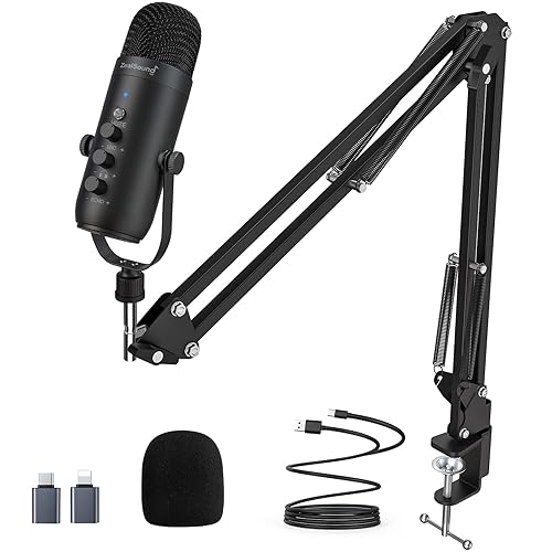 ZealSound Gaming Microphone Kit,Podcast Condenser USB Mic with Boom Arm,Supercardioid Microphone with Mute Button,Echo Volume Gain Knob,Adjust Monitor for Phone PC Computer (Black) - Black