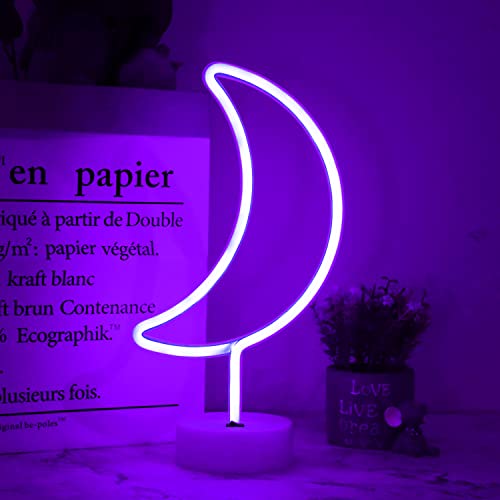 Vicila LED Moon Neon Signs Halloween Decor, Purple Crescent Night Lights USB Battery Operated Moon Lamp for Birthday Party, Wedding, Christmas Decorations-Moon with Holder Base(Purple) - Purple