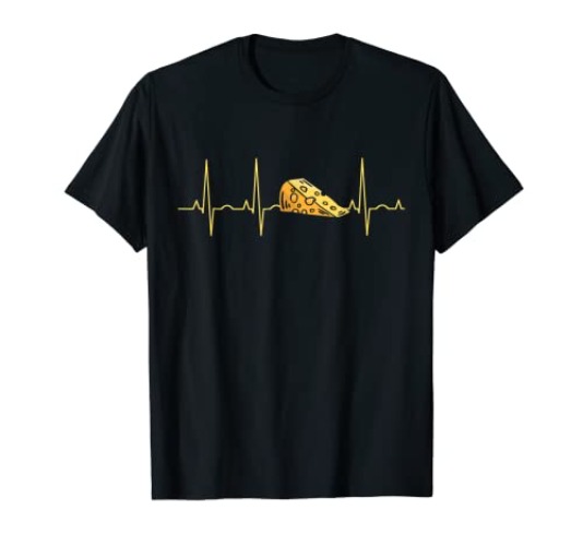 Funny Cheese Lover Heartbeat Cheese Sayings T-Shirt - Black, Medium
