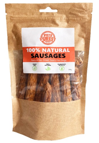 Pets Purest Natural Dog Treat Chews - 100% Healthy Air-Dried Pork & Beef Sausage Meat Treats for Dogs, Puppy & Senior. Grain & Gluten Free Low Fat Raw Protein Dog Food Snack (200g)