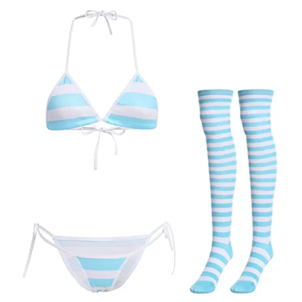 ABAFIP Women Cute Kawaii Anime Lingerie set Halter Strap Micro Bra Tiny Garter Belt Striped Stockings 4Pcs Underwear - One Size - Blue - Wide Stripes