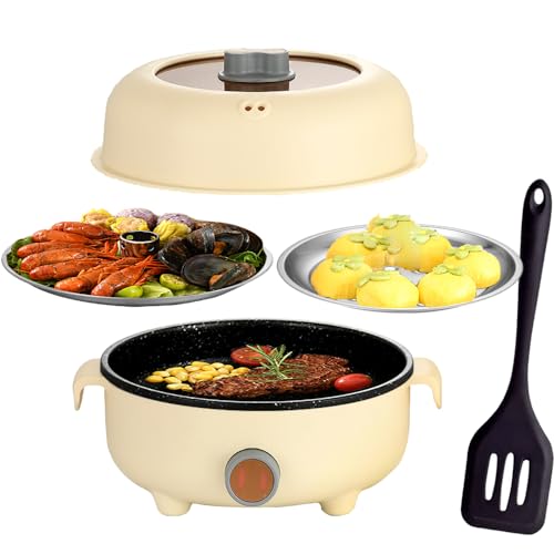 RHD Elektrischer Hot Pot 2.2L mit 2 Dämpfern, Tragbare Antihaft-Bratpfanne, Tragbarer Reisekocher für Braten/Ramen/Fondue/Suppe für Wohnheim/Camping/Haus, Duale Leistungsregelung, Überhitzungsschutz - Beige