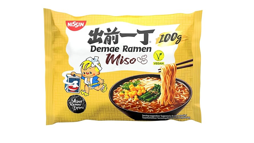 NISSIN Demae Ramen – Miso, 10er Pack, Instant-Nudeln japanischer Art, mit Miso-Geschmack und asiatischen Gewürzen, vegan, schnell und einfach zubereitet, asiatisches Essen (10 x 100 g) - 100 g (10er Pack)