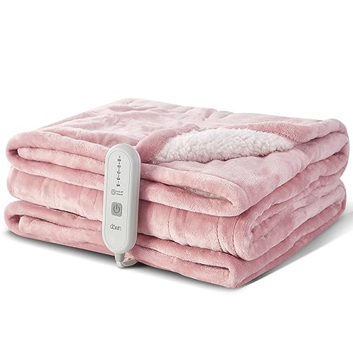 Dowin Pink Heated Blanket Electric Throw Soft Plush Fleece Flannel Heating Warming Blankets with Auto Shut Off for Couch Office Chair Lap Bed Adults Fuzzy Cozy Machine Washable 50x60 Throws Size - Pink-flannel - Throw 50*60"